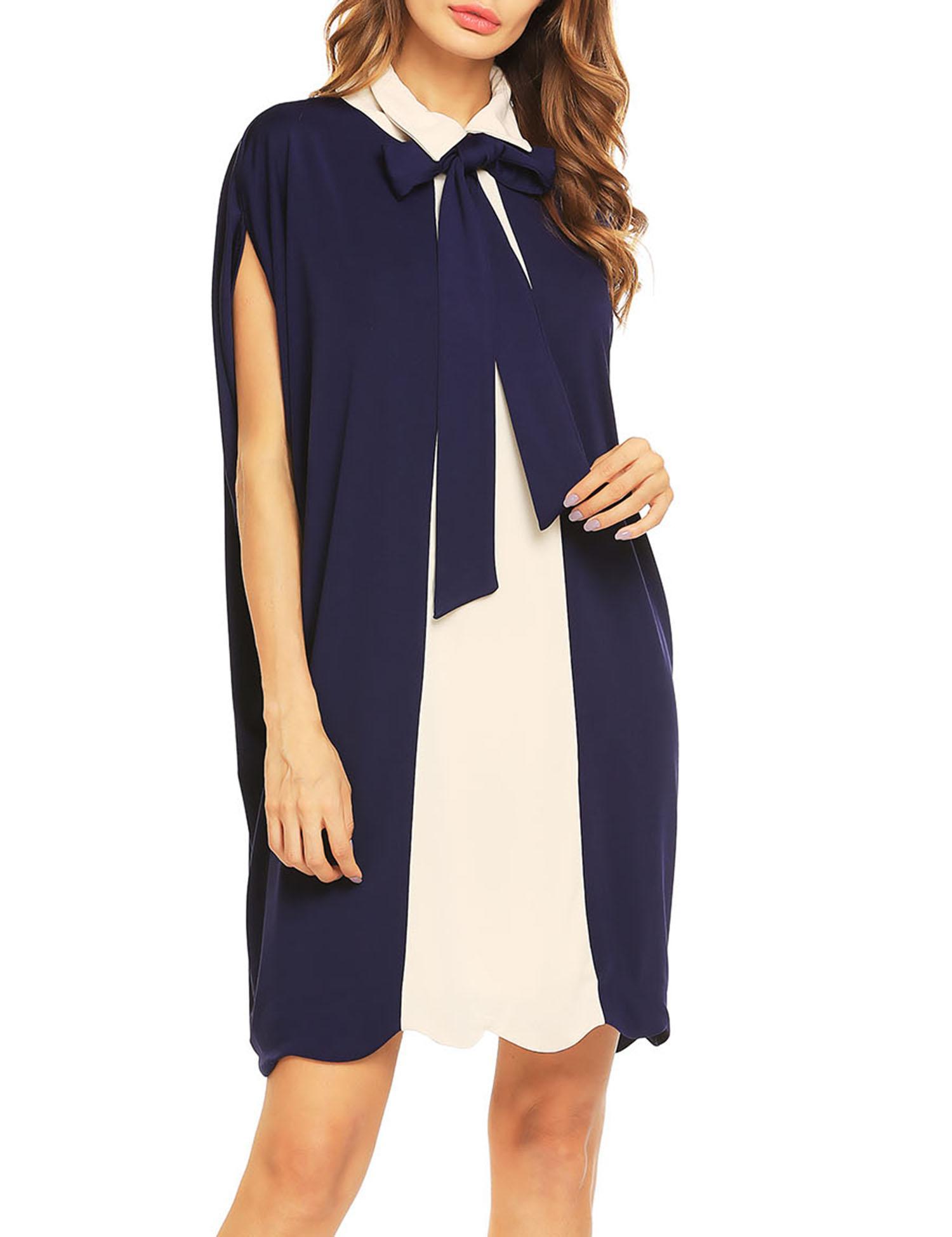 navy blue women batwing half sleeve peter pan collar cloak dress