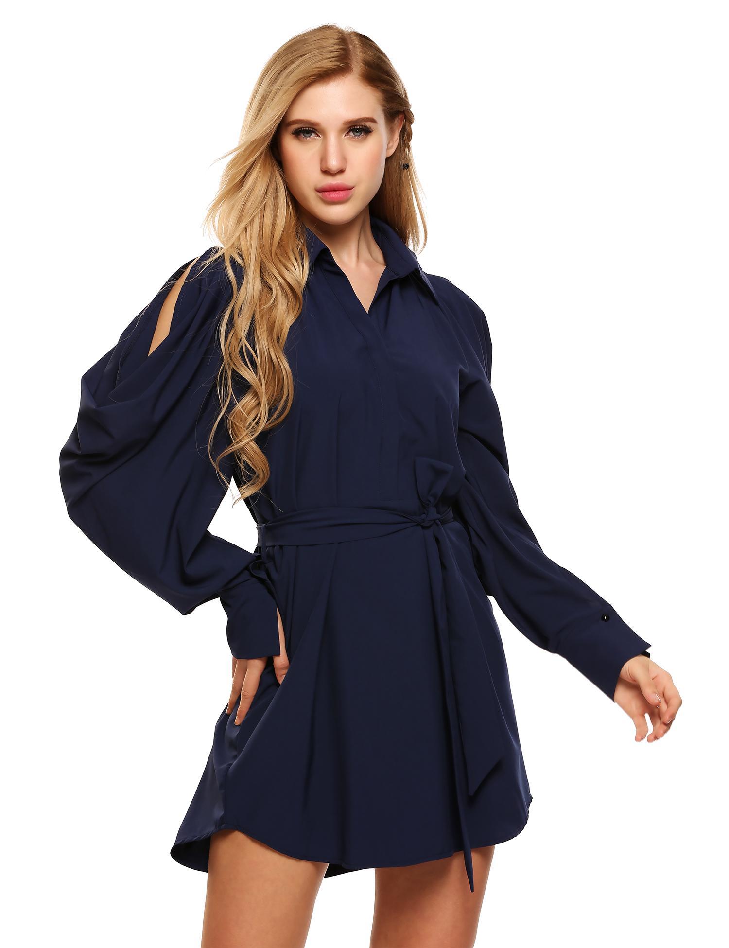 navy blue cold shoulder turn down collar loose shift dress
