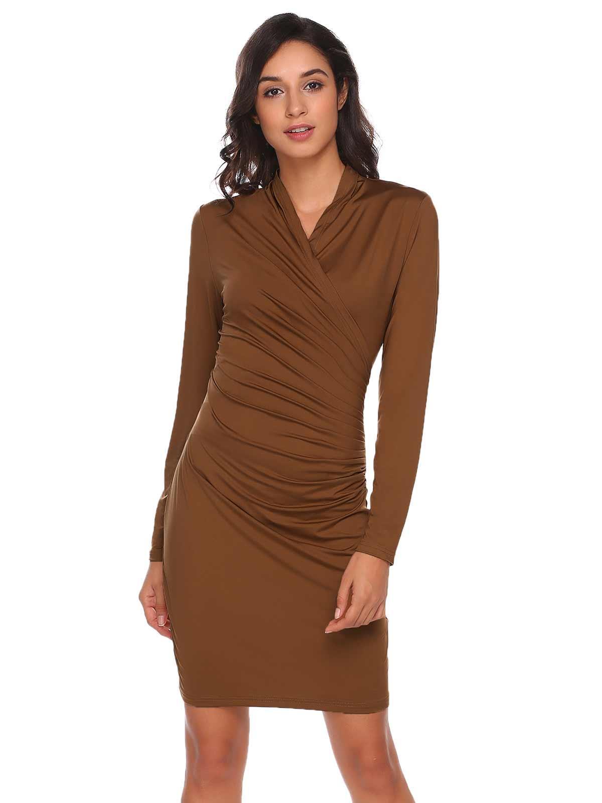 dark brown bodycon ruched v-neck long sleeve solid pencil work