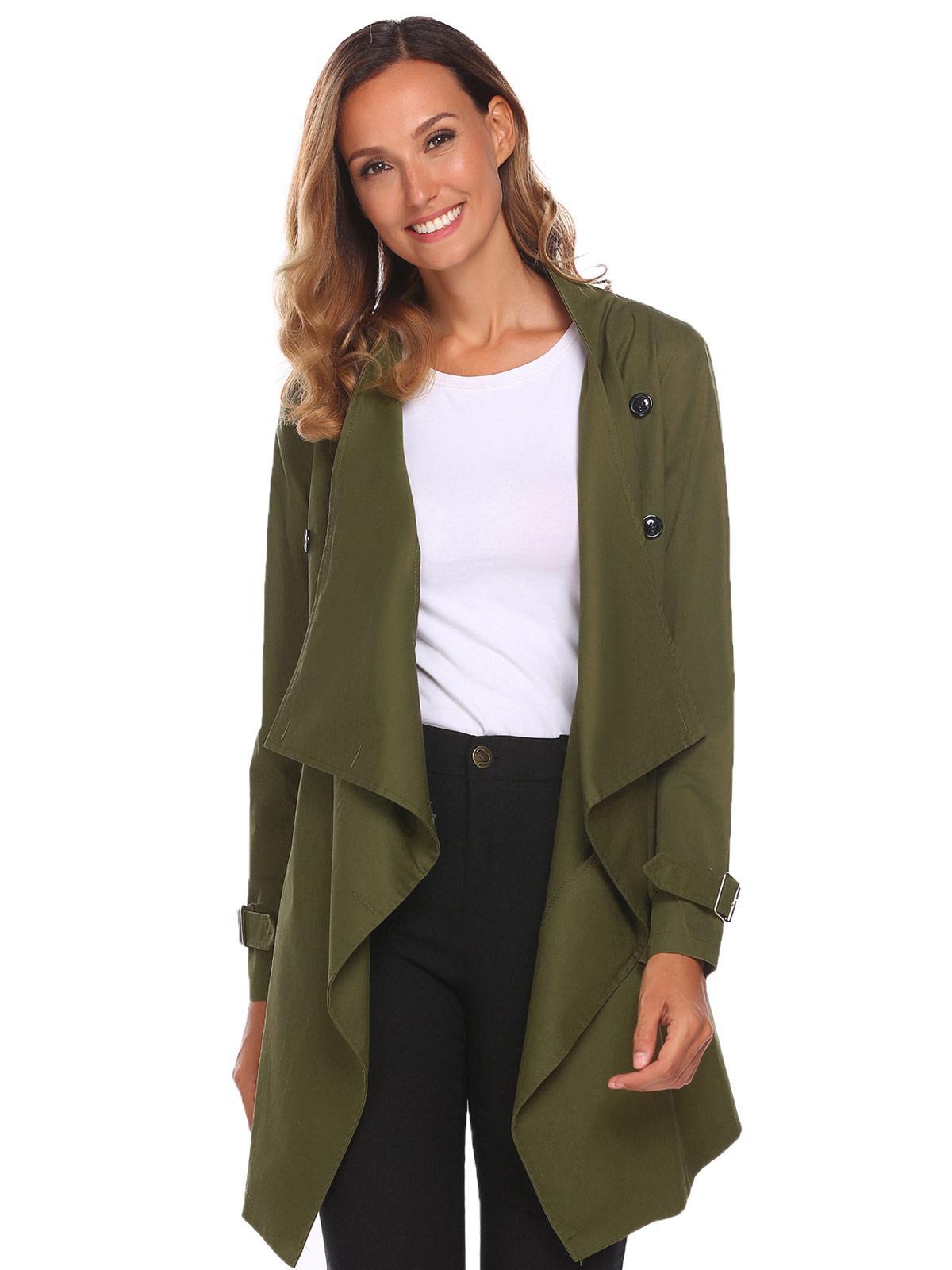 army green women fashion long sleeve solid trench coat