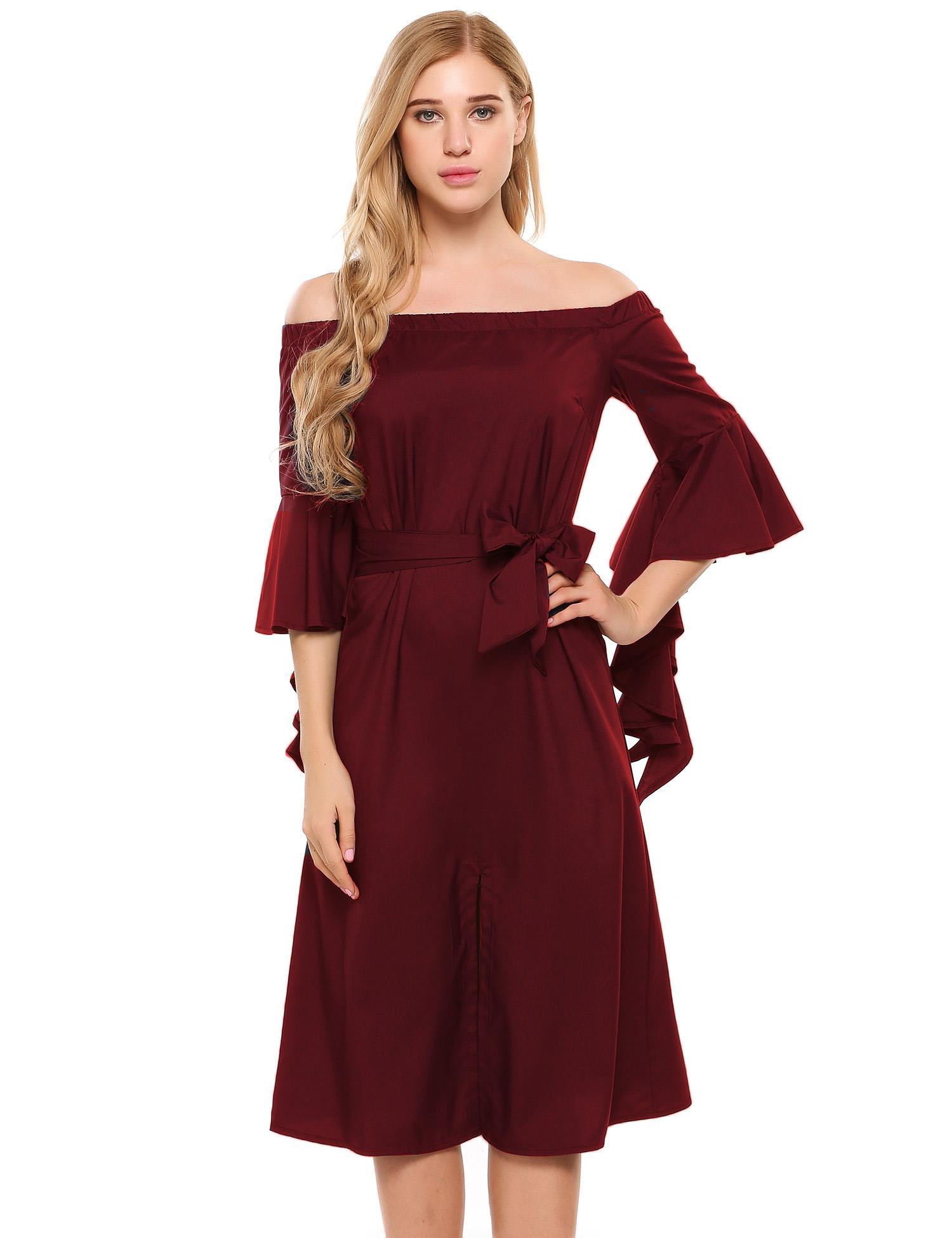 off-shoulder flare sleeve loose knee shift dress solid casual