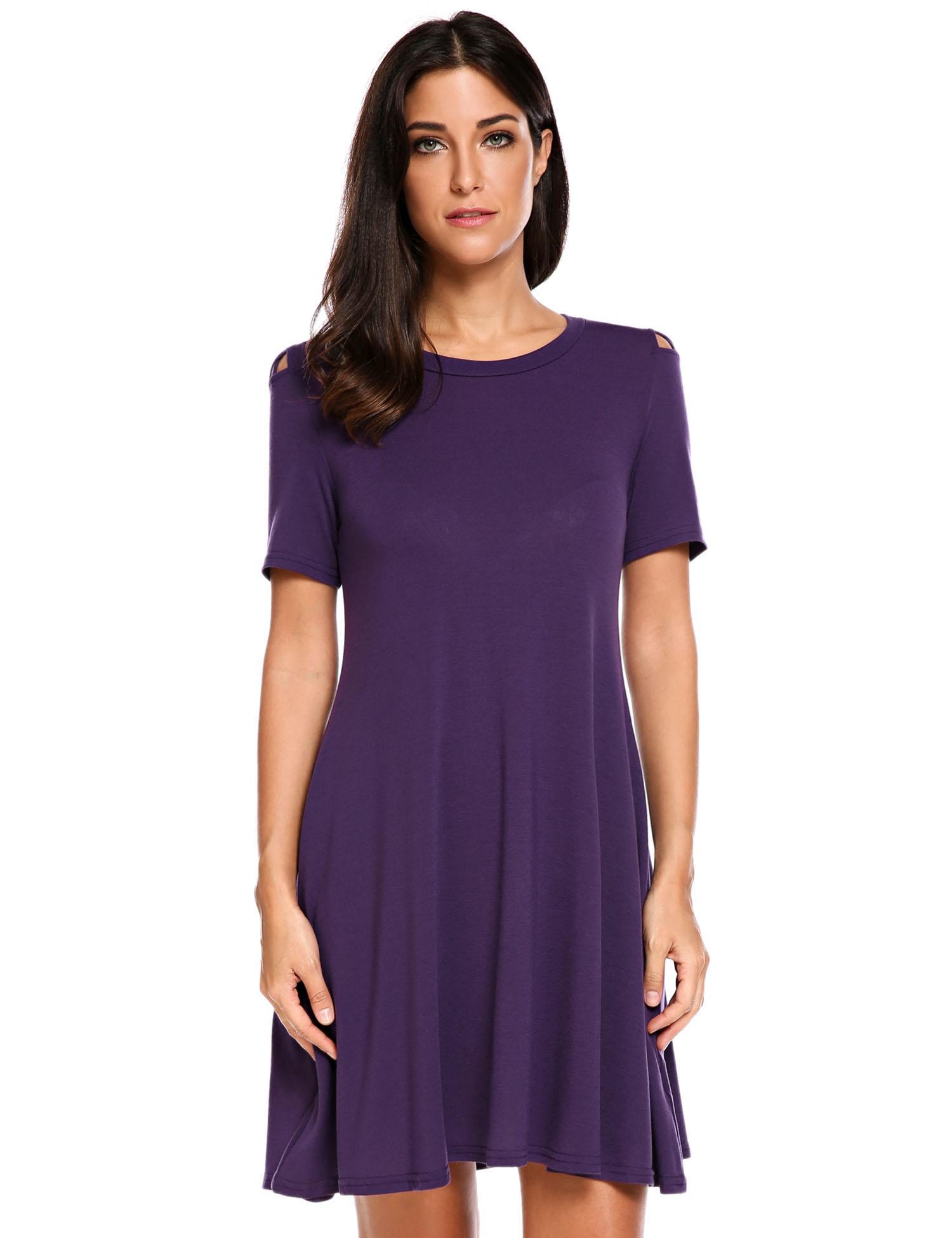 purple short sleeve cut out shoulder a-line casual dress