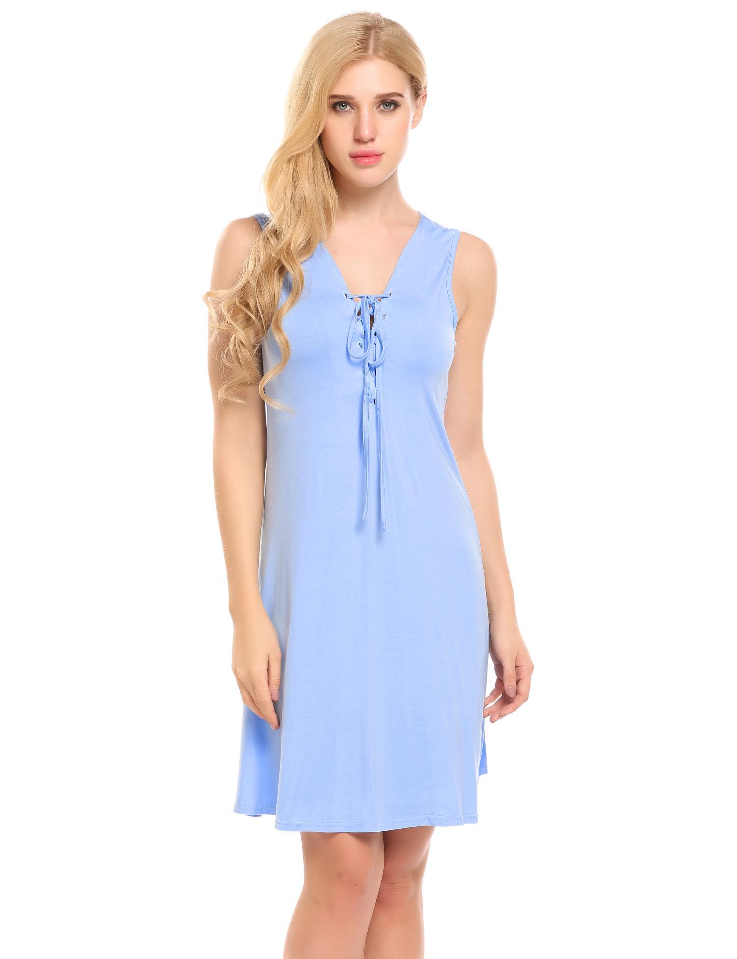 baby blue lace up v-neck sleeveless solid a-line dress