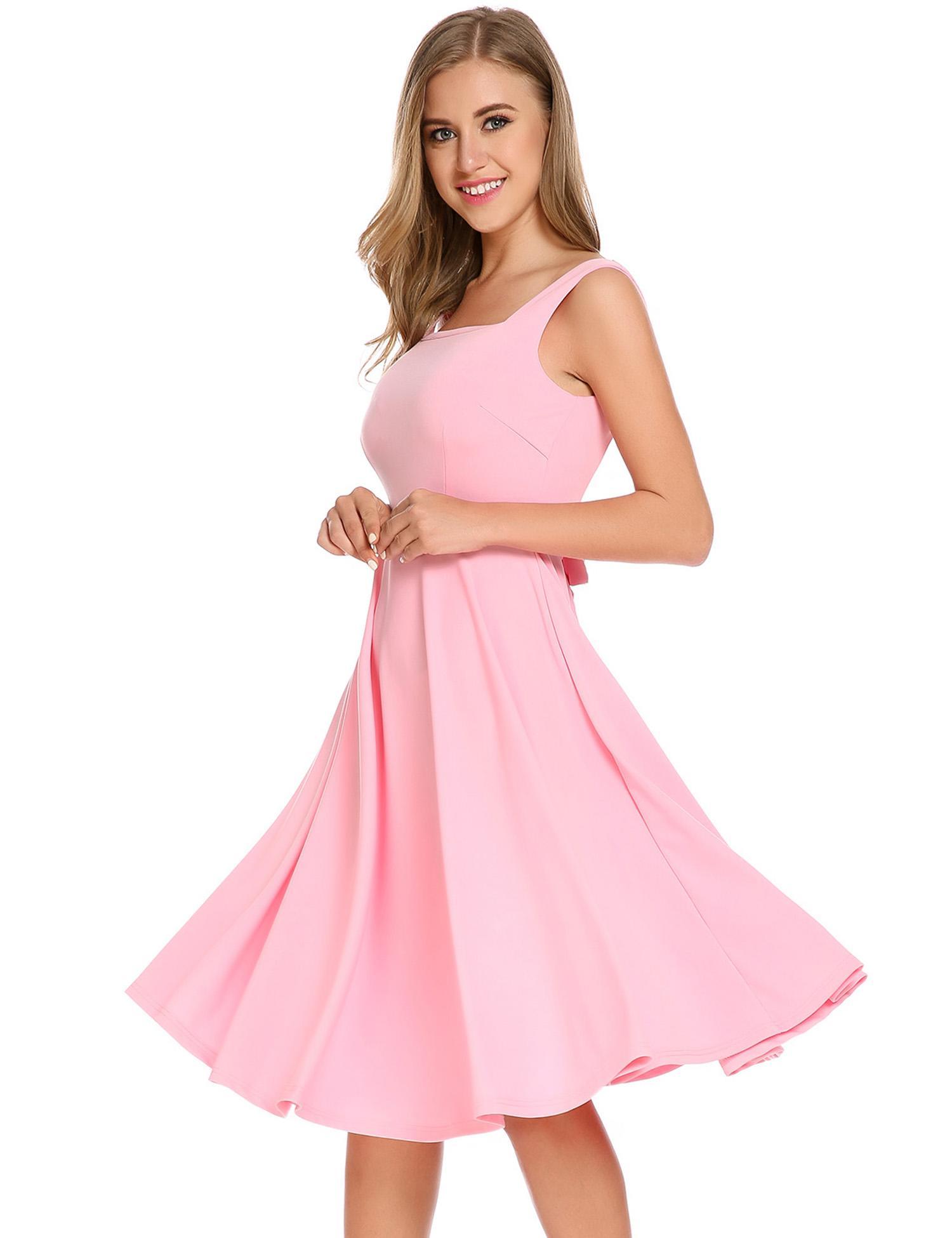 pink square collar sleeveless solid backless bow a-line pleated