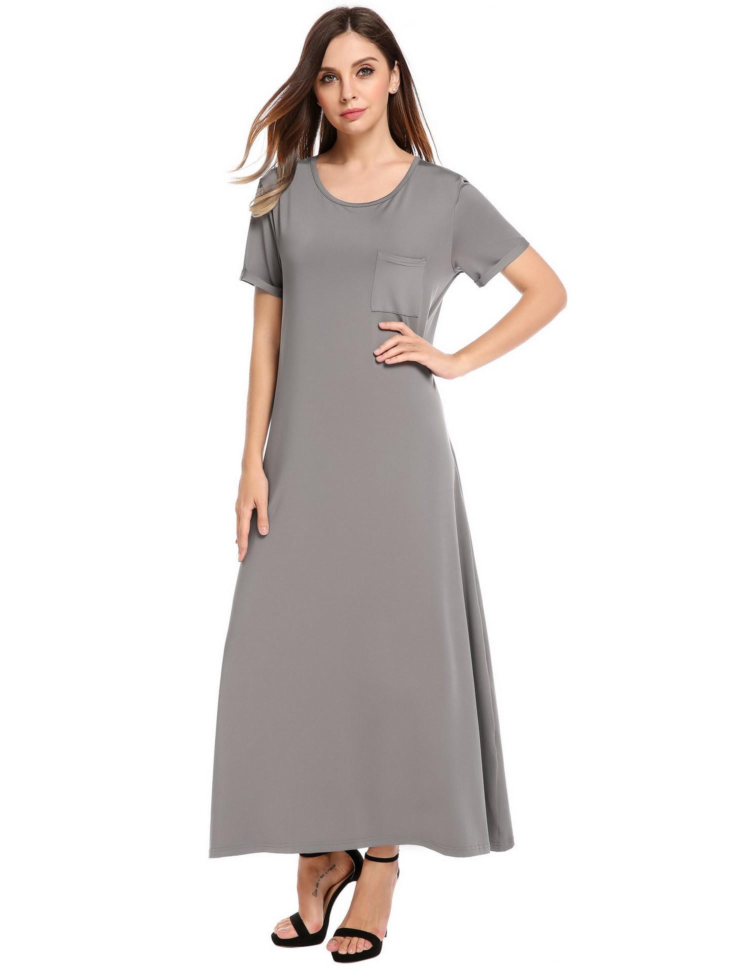 gray o-neck short sleeve solid pocket long pullover casual dress
