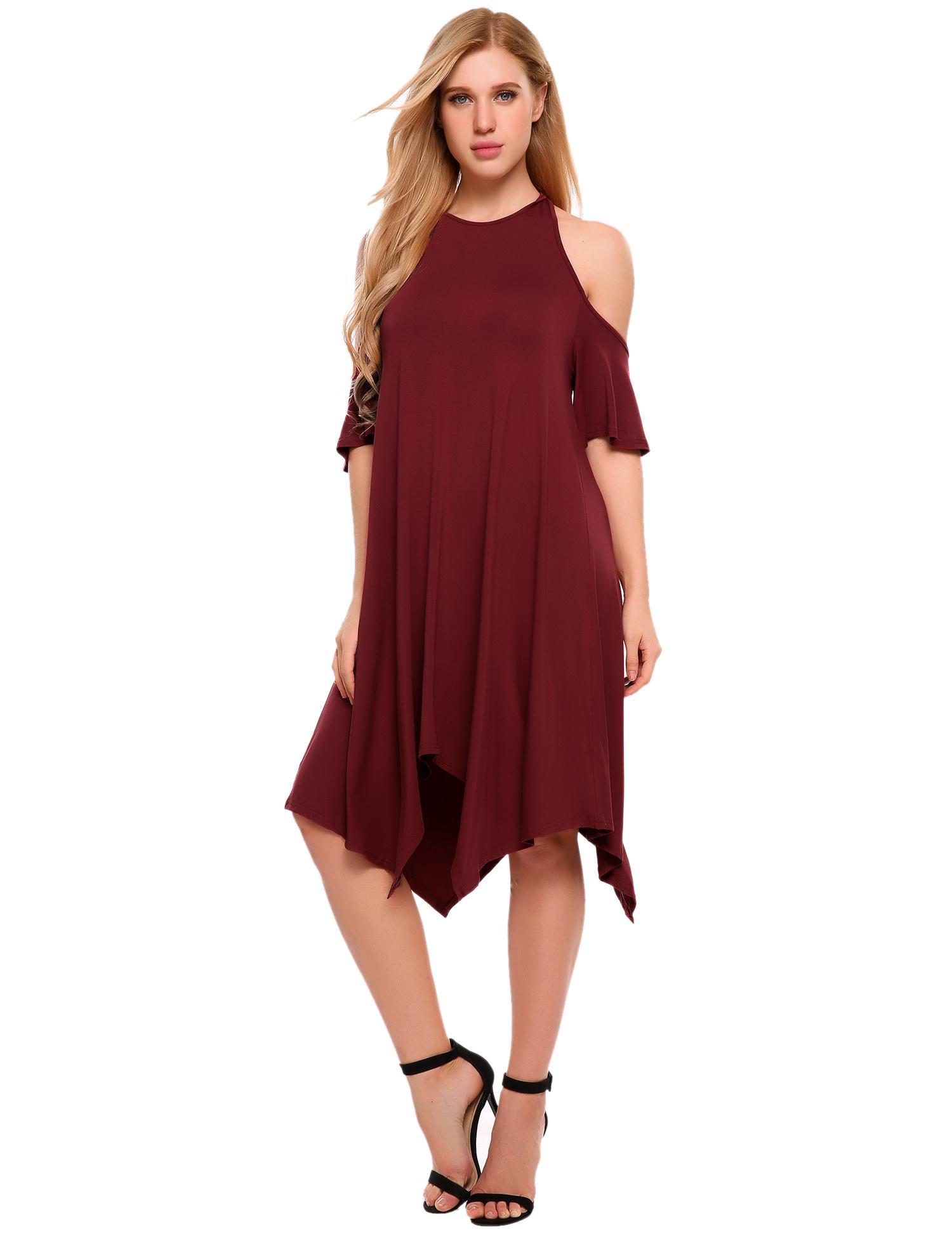 red cold shoulder irregular hem casual loose dress