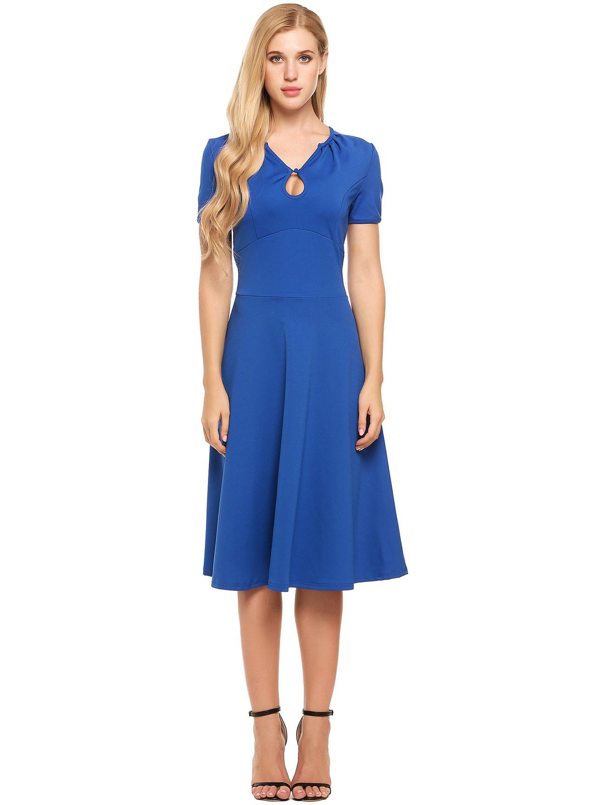 blue vintage style keyhole short sleeve draped solid dress