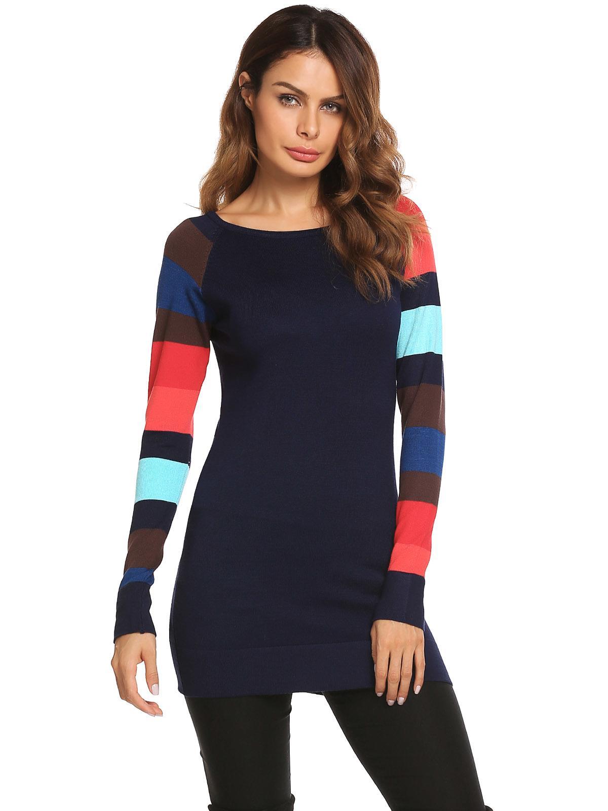 navy blue long sleeve contrast color patchwork pullover thin