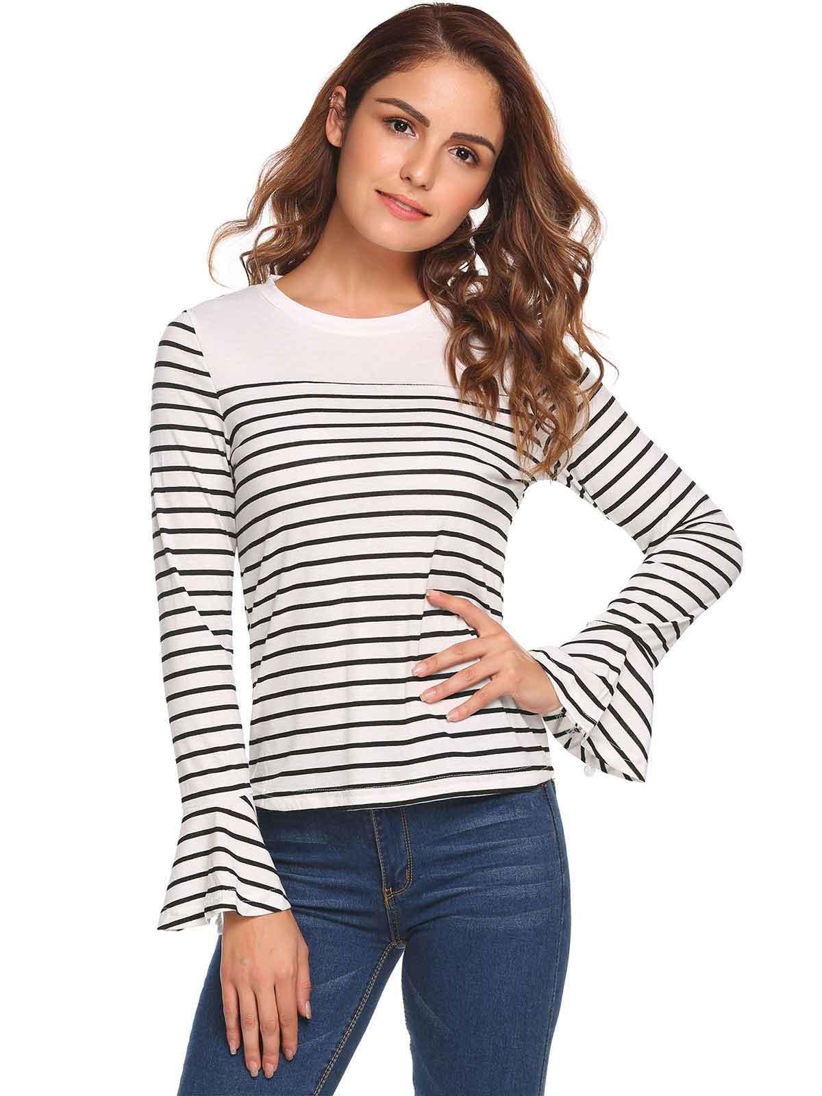 white striped flare long sleeve tops