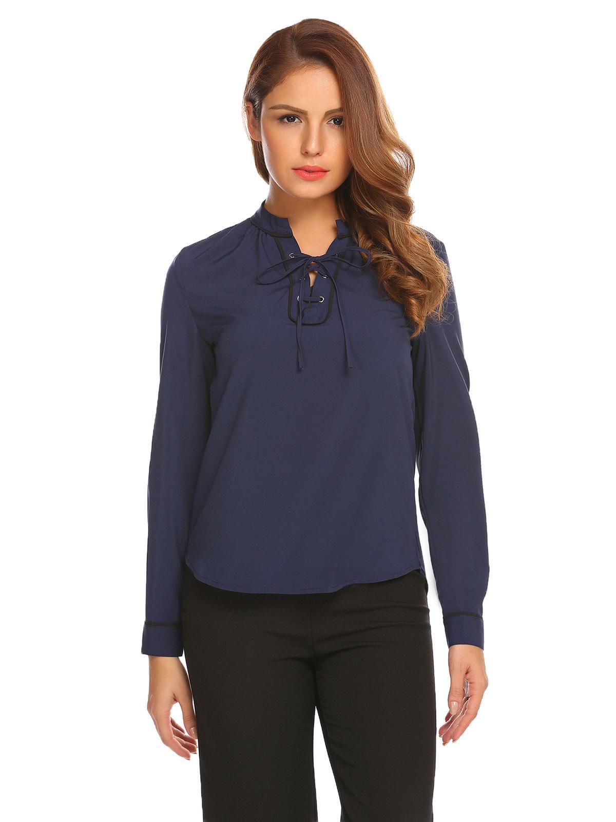 dark blue women fashion lace-up v-neck long sleeve solid pull