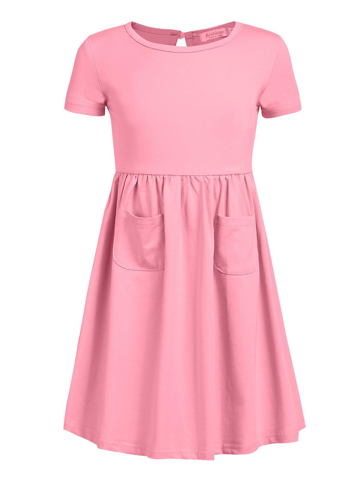 pink kids solid o-neck waist dress